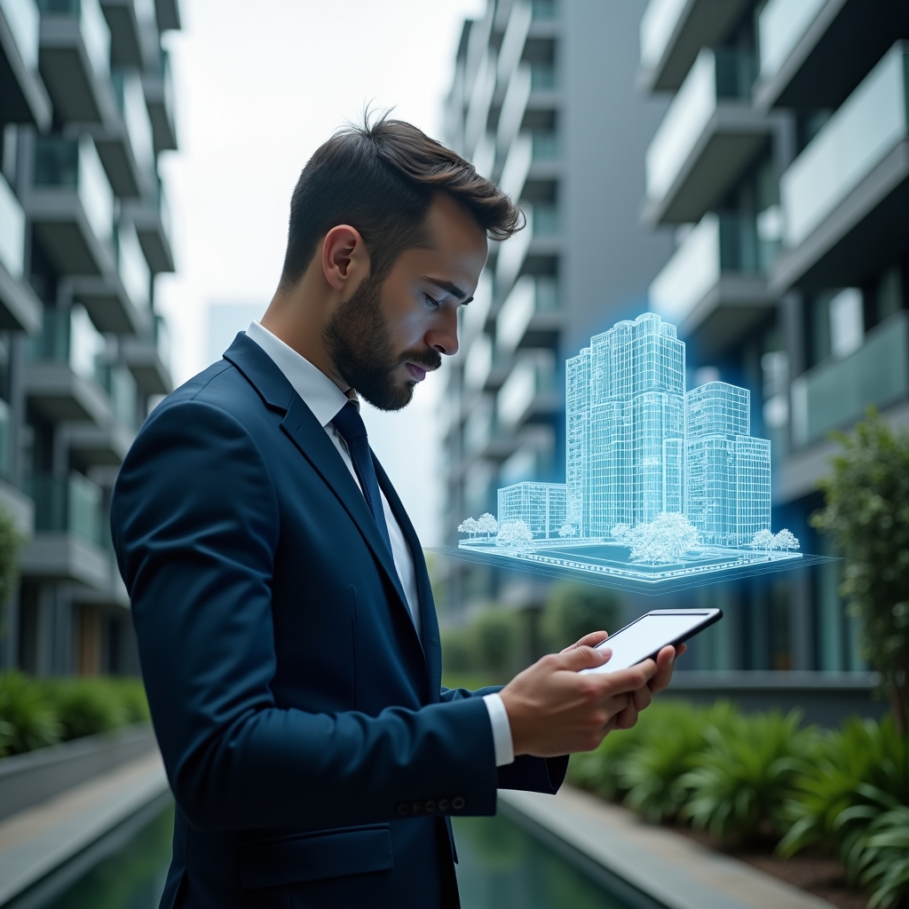Ultra-realistic condominium manager in a tailored navy suit, set in a modern luxury condominium environment with high-rise buildings and lush green landscaping, reviewing a holographic building blueprint projected from a tablet, a floating security shield hologram symbolizing safety and maintenance, cinematic lighting, shallow depth of field, highly detailed textures, realistic skin, photographic realism, 8k resolution --ar 1:1 --v 6