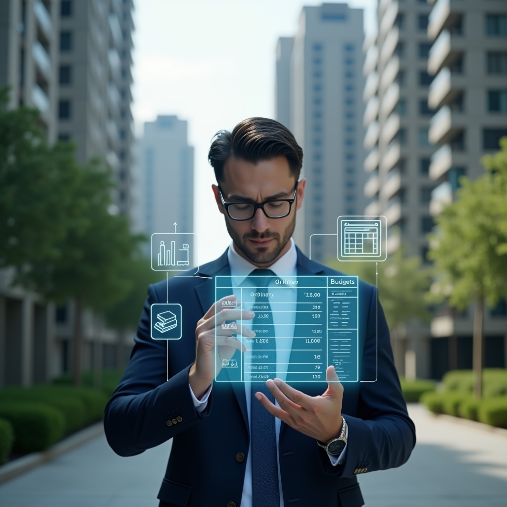 Ultra-realistic condominium manager in a navy blue suit, set in a modern luxury condominium environment with high-rise buildings and manicured green landscaping, analyzing a floating holographic budget chart with separate sections for ordinary and extraordinary expenses, surrounded by subtle icons of coins and calendar, cinematic lighting, shallow depth of field, highly detailed textures, realistic skin, photographic realism, 8k resolution --ar 1:1 --v 6
