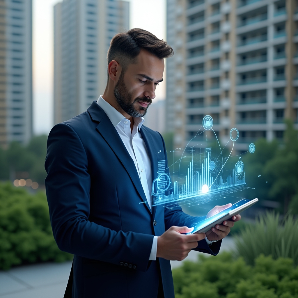 Ultra-realistic condominium manager in a navy blue suit, set in a modern luxury condominium environment with high-rise buildings and lush green landscaping, examining a digital tablet displaying holographic financial charts and security icons, holographic interface modules for maintenance, communication, and access control floating around, confident and focused expression, cinematic lighting, shallow depth of field, highly detailed textures, realistic skin, photographic realism, 8k resolution --ar 1:1 --v 6