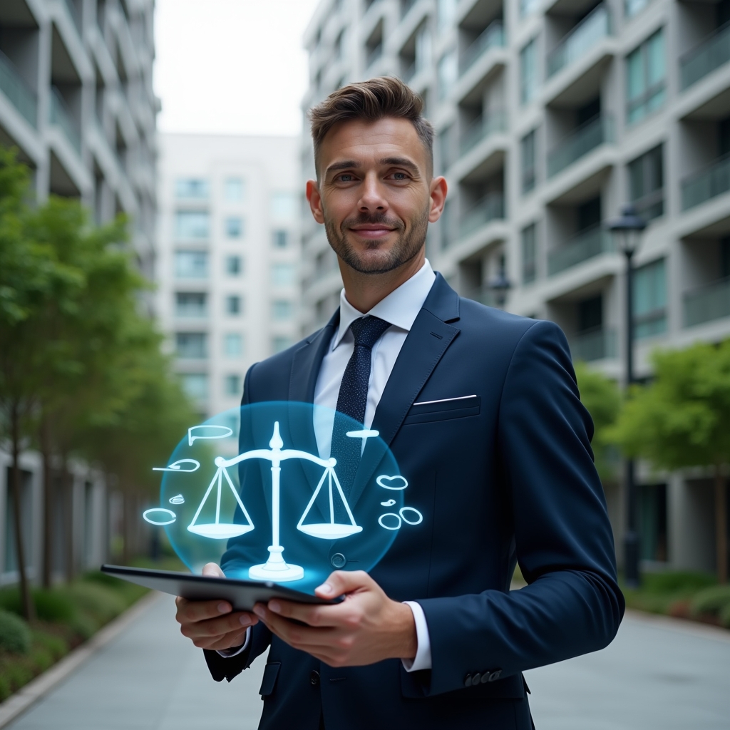 Ultra-realistic condominium manager in a tailored navy suit, set in a modern luxury condominium environment with high-rise buildings and lush green landscaping, holding a tablet projecting holographic chat bubbles and scales of justice that symbolize conflict mediation and clear rules, confident and approachable expression, cinematic lighting, shallow depth of field, highly detailed textures, realistic skin, photographic realism, 8k resolution --ar 1:1 --v 6