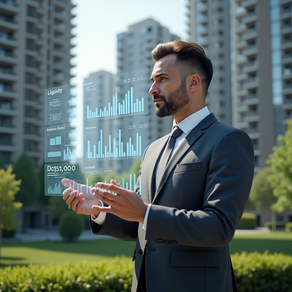 Ultra-realistic property manager in a charcoal gray tailored suit, set in a modern luxury condominium environment with high-rise buildings and meticulously landscaped greenery, confidently reviewing holographic financial charts and floating bar graphs, transparent icons representing liquidity, delinquency, reserve fund, and cash flow metrics, cinematic lighting, shallow depth of field, highly detailed textures, realistic skin, photographic realism, 8k resolution --ar 1:1 --v 6