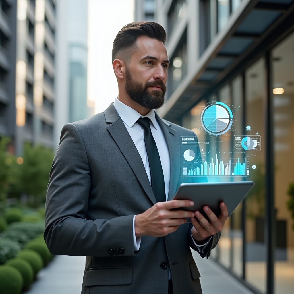 (Ultra-realistic condominium manager in a charcoal gray tailored suit, set in a modern luxury condominium environment with high-rise buildings and manicured green landscaping, holding a digital tablet displaying floating holographic expense charts and graphs, confident expression, pie chart and receipt icons hovering around, cinematic lighting, shallow depth of field, highly detailed textures, realistic skin, photographic realism, 8k resolution --ar 1:1 --v 6)