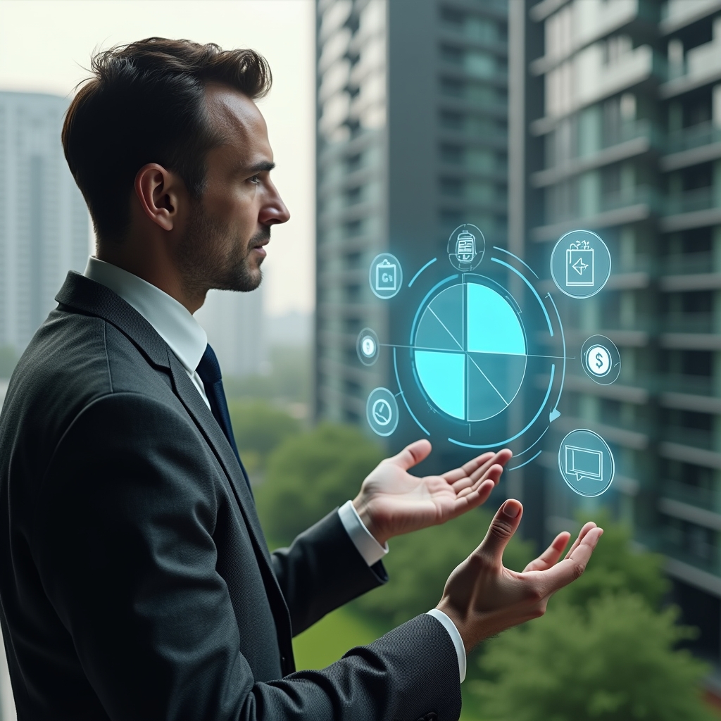 (Ultra-realistic condominium manager in a charcoal gray suit, set in a modern luxury condominium environment with high-rise buildings and manicured green gardens, mid-shot close-up of a thoughtful professional examining a floating holographic pie chart and fractional overlays representing expense allocation, subtle icons of coins and documents orbiting the display, cinematic lighting, shallow depth of field, highly detailed textures, realistic skin, photographic realism, 8k resolution --ar 1:1 --v 6)