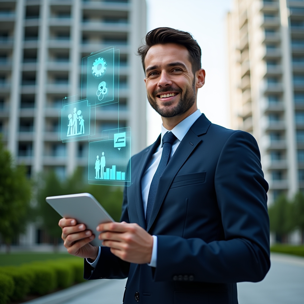 Ultra-realistic condominium manager in a tailored navy suit, set in a modern luxury condominium environment with high-rise buildings and manicured green landscaping, holding a digital tablet and smiling confidently while holographic icons of charts, gears and people float beside them to symbolize modernized processes, team motivation and balanced finances, cinematic lighting, shallow depth of field, highly detailed textures, realistic skin, photographic realism, 8k resolution --ar 1:1 --v 6