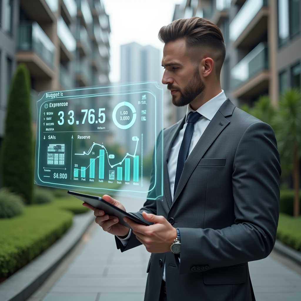 (Ultra-realistic condominium manager in a charcoal gray executive suit, set in a modern luxury condominium environment with high-rise buildings and lush green landscaping, holding a transparent holographic budget chart displaying expense vs. reserve data, confidently analyzing financial graphs on a tablet, subtle money and pie-chart icons floating around, cinematic lighting, shallow depth of field, highly detailed textures, realistic skin, photographic realism, 8k resolution --ar 1:1 --v 6)