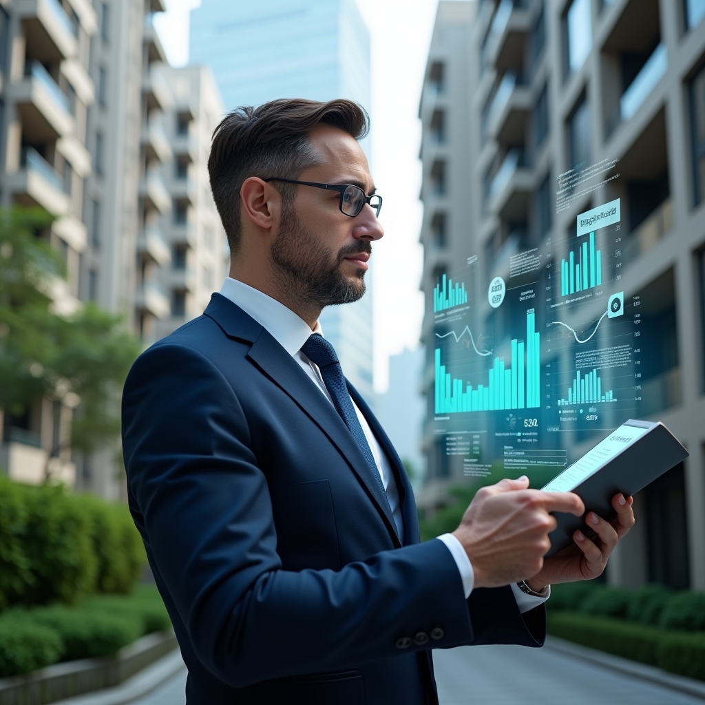 (Ultra-realistic condominium property manager in a navy blue executive suit, set in a modern luxury condominium environment with high-rise buildings and lush green landscaping, examining a holographic financial report with floating charts and graphs, confident expression, cinematic lighting, shallow depth of field, highly detailed textures, realistic skin, photographic realism, 8k resolution --ar 1:1 --v 6)
