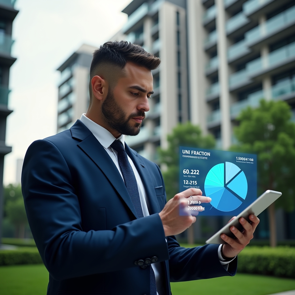 Ultra-realistic condominium manager in a dark blue tailored suit, set in a modern luxury condominium environment with high-rise buildings and meticulously landscaped greenery, analyzing a holographic pie chart of unit fractions while holding a sleek tablet displaying precise numerical breakdowns, thoughtful and confident expression, cinematic lighting, shallow depth of field, highly detailed textures, realistic skin, photographic realism, 8k resolution --ar 1:1 --v 6