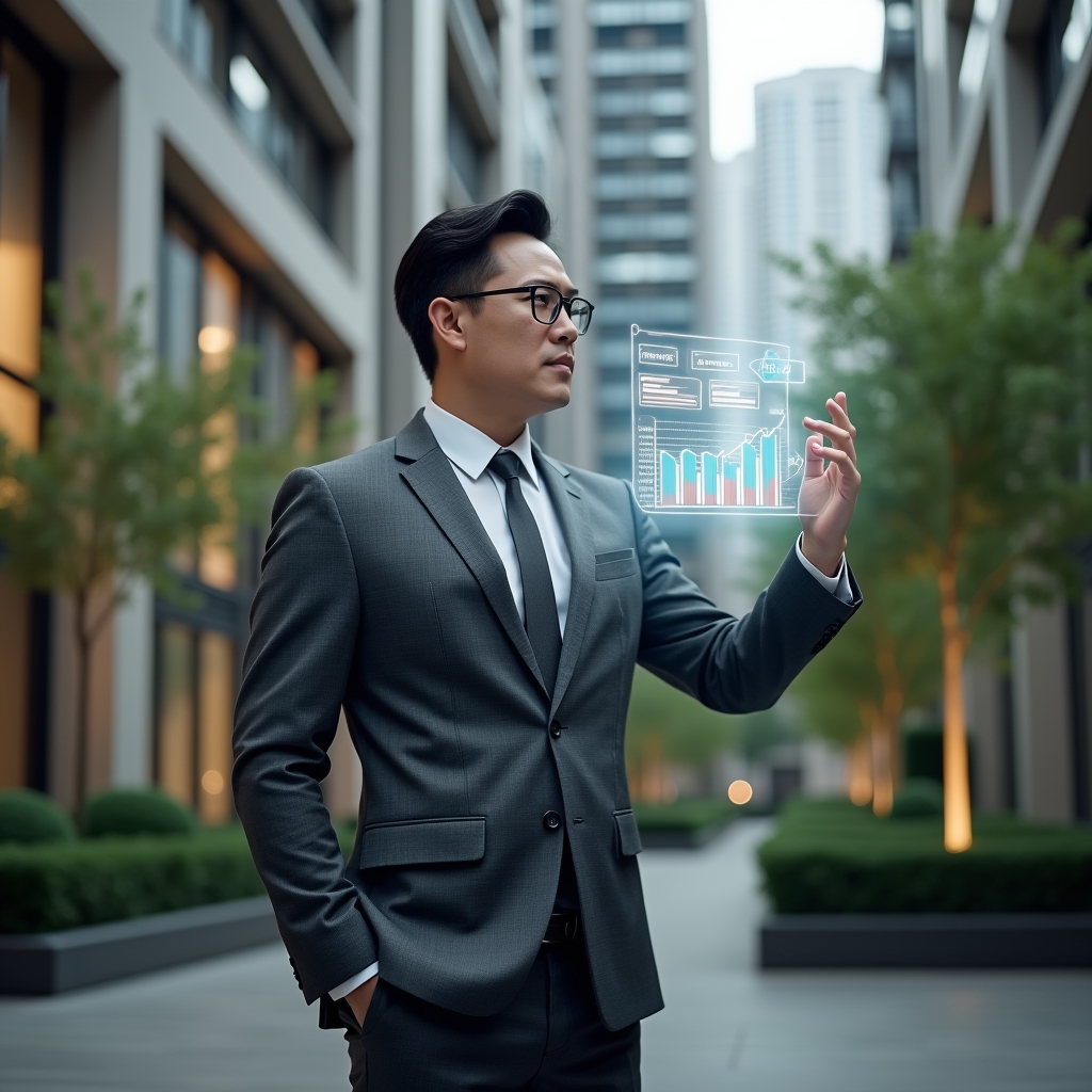 (Ultra-realistic condominium manager in a charcoal gray tailored suit, set in a modern luxury condominium environment with high-rise buildings and lush green landscaping, mid-shot of the manager confidently reviewing a holographic financial report floating before them, digital charts and graphs illuminating the scene as symbolic elements of online accounting, cinematic lighting, shallow depth of field, highly detailed textures, realistic skin, photographic realism, 8k resolution --ar 1:1 --v 6)