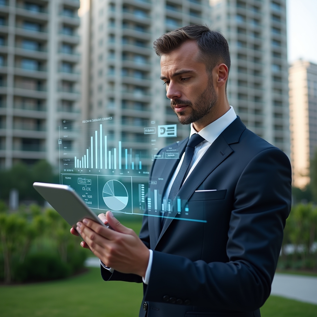 Ultra-realistic condominium manager in a dark navy suit, set in a modern luxury condominium environment with high-rise buildings and manicured green landscaping, examining holographic financial charts projected from a tablet, floating icons of pie charts and ledgers around them, confident and focused expression, cinematic lighting, shallow depth of field, highly detailed textures, realistic skin, photographic realism, 8k resolution --ar 1:1 --v 6