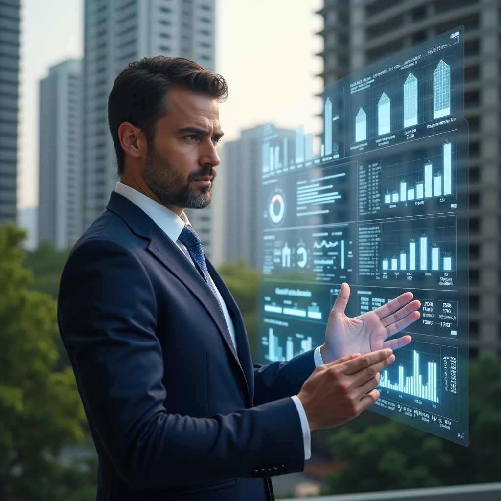 Ultra-realistic condominium manager in a tailored navy suit, set in a modern luxury condominium environment with high-rise buildings and lush green landscaping, interacting with a holographic digital dashboard displaying automated workflow charts and cost-saving icons, confident and focused expression, cinematic lighting, shallow depth of field, highly detailed textures, realistic skin, photographic realism, 8k resolution --ar 1:1 --v 6