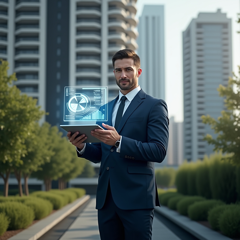 (Ultra-realistic condominium manager in a tailored navy suit, set in a modern luxury condominium environment with high-rise buildings and manicured gardens, holding a transparent tablet displaying holographic financial charts and graphs, confidently presenting monthly reports to an unseen audience, a floating pie chart icon symbolizing transparency and trust beside them, cinematic lighting, shallow depth of field, highly detailed textures, realistic skin, photographic realism, 8k resolution --ar 1:1 --v 6)