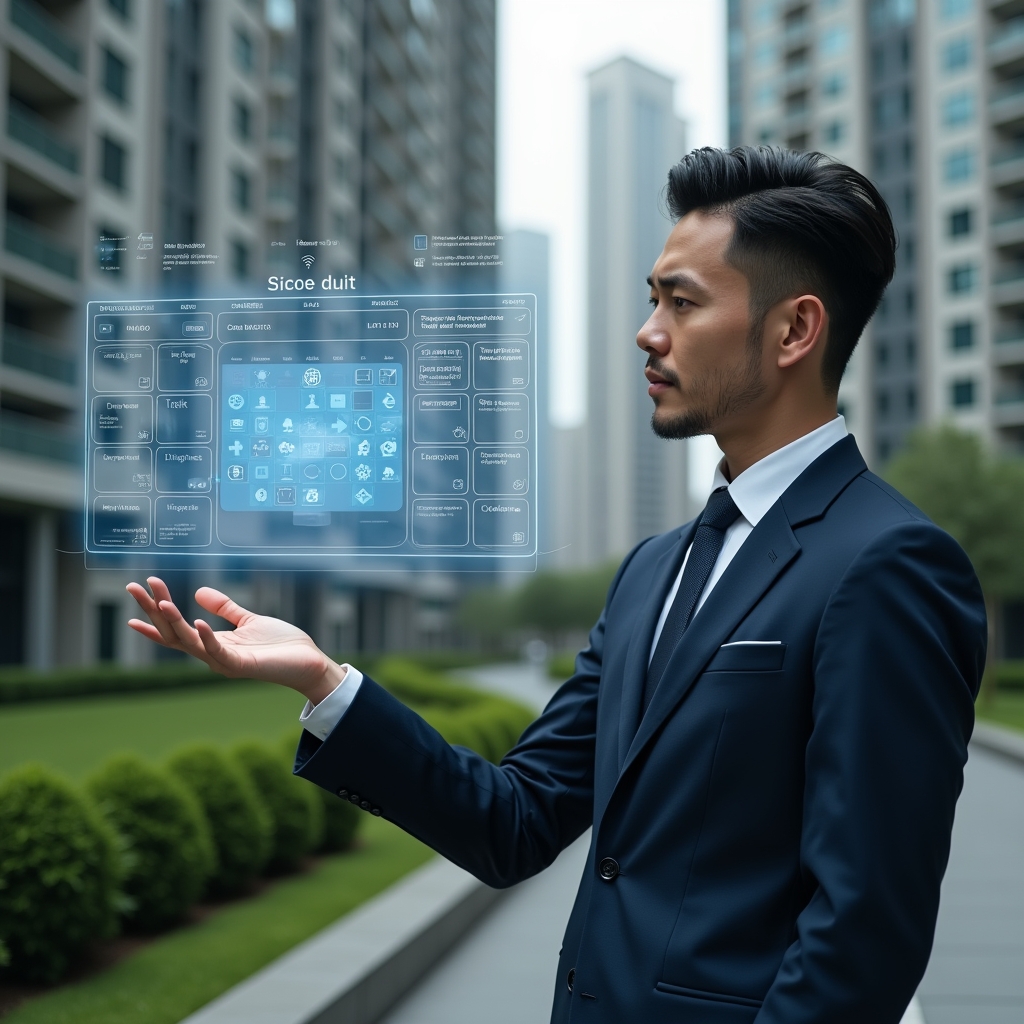 Ultra-realistic condominium manager in a tailored navy suit, set in a modern luxury condominium environment with high-rise buildings and manicured green landscaping, confidently interacting with a floating holographic schedule calendar displaying task icons and maintenance reminders, cinematic lighting, shallow depth of field, highly detailed textures, realistic skin, photographic realism, 8k resolution --ar 1:1 --v 6