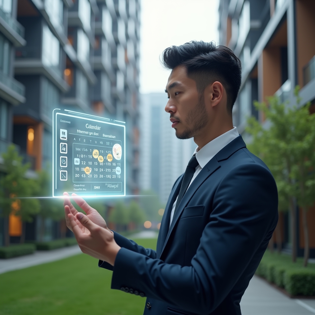 (Ultra-realistic condominium manager in a tailored navy suit, set in a modern luxury condominium environment with high-rise buildings and lush green landscaping, examining a floating holographic activity calendar with a confident, focused expression, translucent calendar icons and timeline graphics swirling around, cinematic lighting, shallow depth of field, highly detailed textures, realistic skin, photographic realism, 8k resolution --ar 1:1 --v 6)