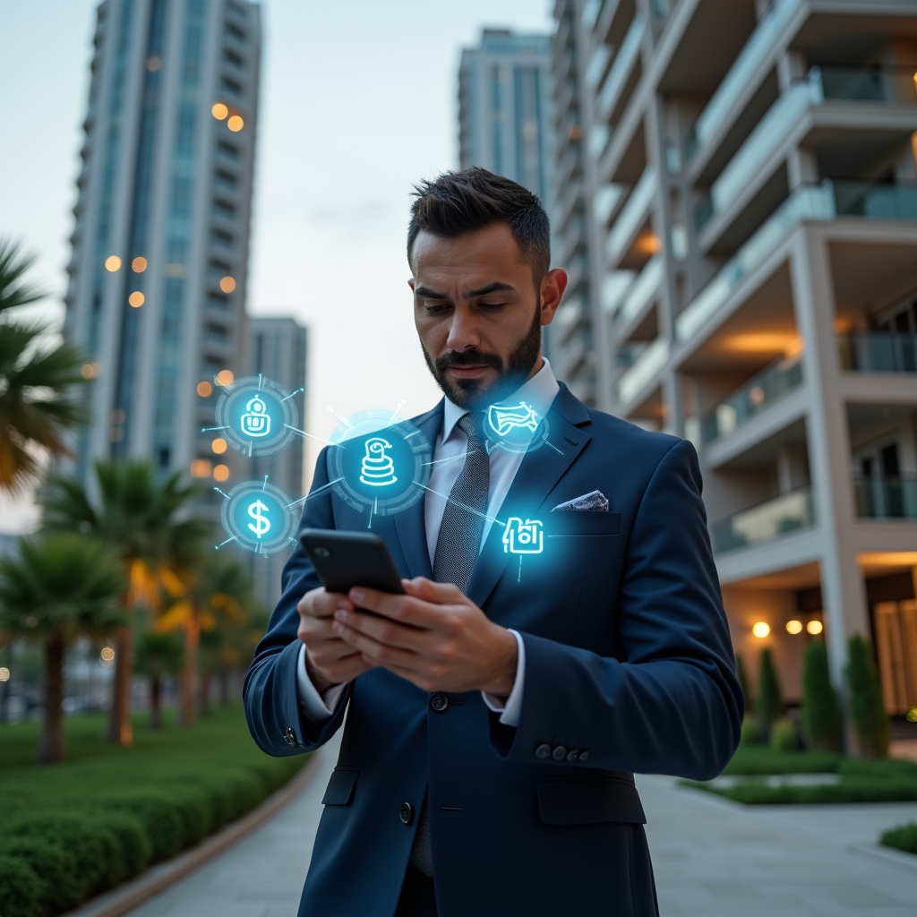 Ultra-realistic property manager in a navy executive suit, set in a modern luxury condominium environment with high-rise buildings and meticulously landscaped greenery, holding a smartphone and examining holographic icons representing automated tasks, messaging, and cost savings, confident expression, cinematic lighting, shallow depth of field, highly detailed textures, realistic skin, photographic realism, 8k resolution --ar 1:1 --v 6
