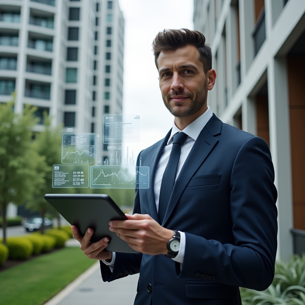(Ultra-realistic condominium manager in a sleek navy suit, set in a modern luxury condominium environment with high-rise buildings and manicured green landscaping, holding a tablet displaying holographic financial charts and transparent data panels floating around, conveying confidence and engagement, cinematic lighting, shallow depth of field, highly detailed textures, realistic skin, photographic realism, 8k resolution --ar 1:1 --v 6)