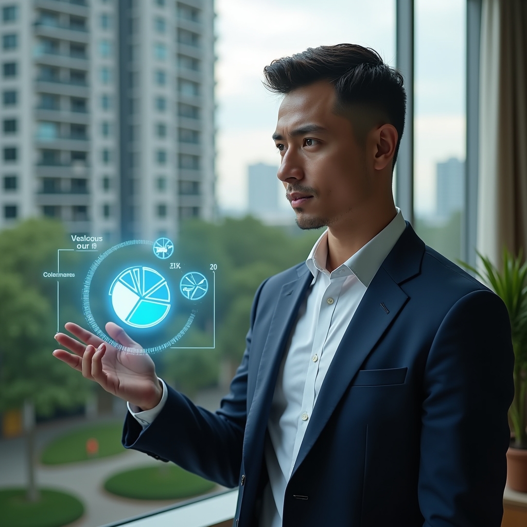 (Ultra-realistic condominium manager in a navy executive suit, set in a modern luxury condominium environment with high-rise buildings and manicured green landscaping, analyzing a holographic pie chart and floating rate-allocation icons representing ideal fractions, confident and focused expression, cinematic lighting, shallow depth of field, highly detailed textures, realistic skin, photographic realism, 8k resolution --ar 1:1 --v 6)