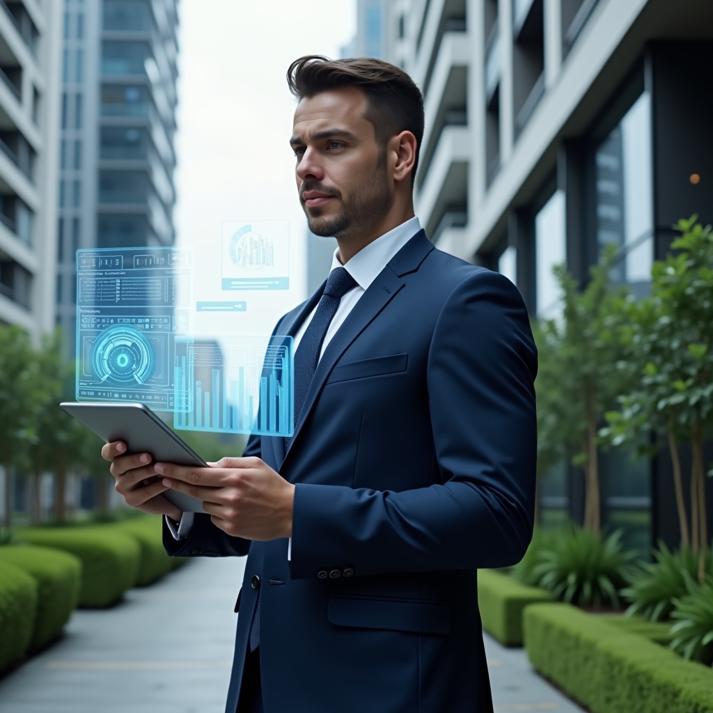 (Ultra-realistic condominium manager in a tailored navy blue suit, set in a modern luxury condominium environment with high-rise buildings and manicured green landscaping, holding a tablet and interacting with a holographic condominium management app interface, a floating transparent app icon and digital charts beside them symbolizing efficiency and innovation, confident and visionary expression, cinematic lighting, shallow depth of field, highly detailed textures, realistic skin, photographic realism, 8k resolution --ar 1:1 --v 6)