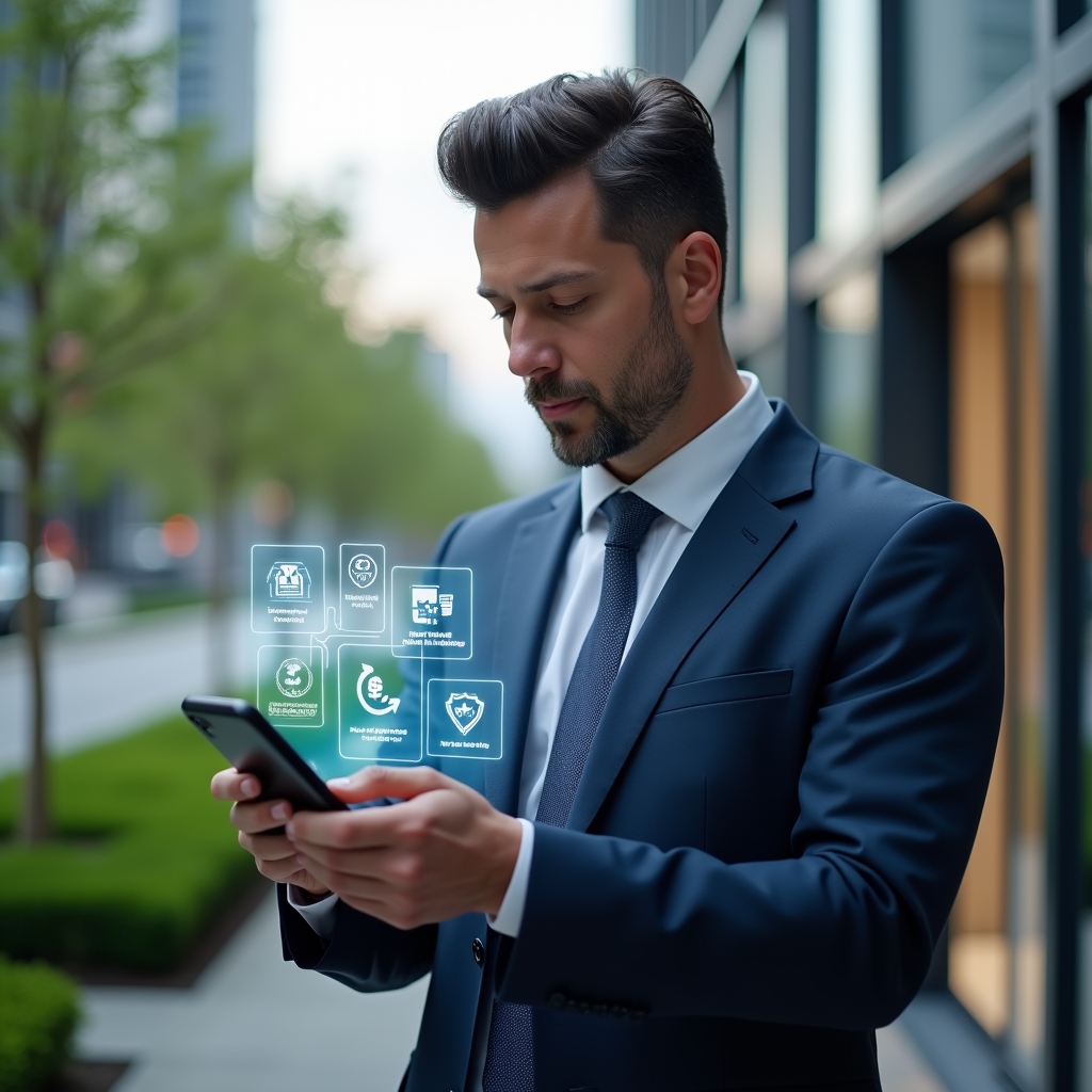 (Ultra-realistic condominium manager in a navy executive suit, set in a modern luxury condominium environment with high-rise buildings and manicured green landscaping, holding a smartphone projecting a holographic condo management app interface with icons for finances, maintenance requests, and resident messaging, examining the display with a confident, focused expression, cinematic lighting, shallow depth of field, highly detailed textures, realistic skin, photographic realism, 8k resolution --ar 1:1 --v 6)