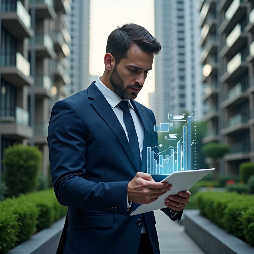 Ultra-realistic condominium manager in a navy blue suit, set in a modern luxury condominium environment with high-rise buildings and manicured green landscaping, holding and analyzing a holographic financial report with floating charts and graphs, confident and focused expression, cinematic lighting, shallow depth of field, highly detailed textures, realistic skin, photographic realism, 8k resolution --ar 1:1 --v 6