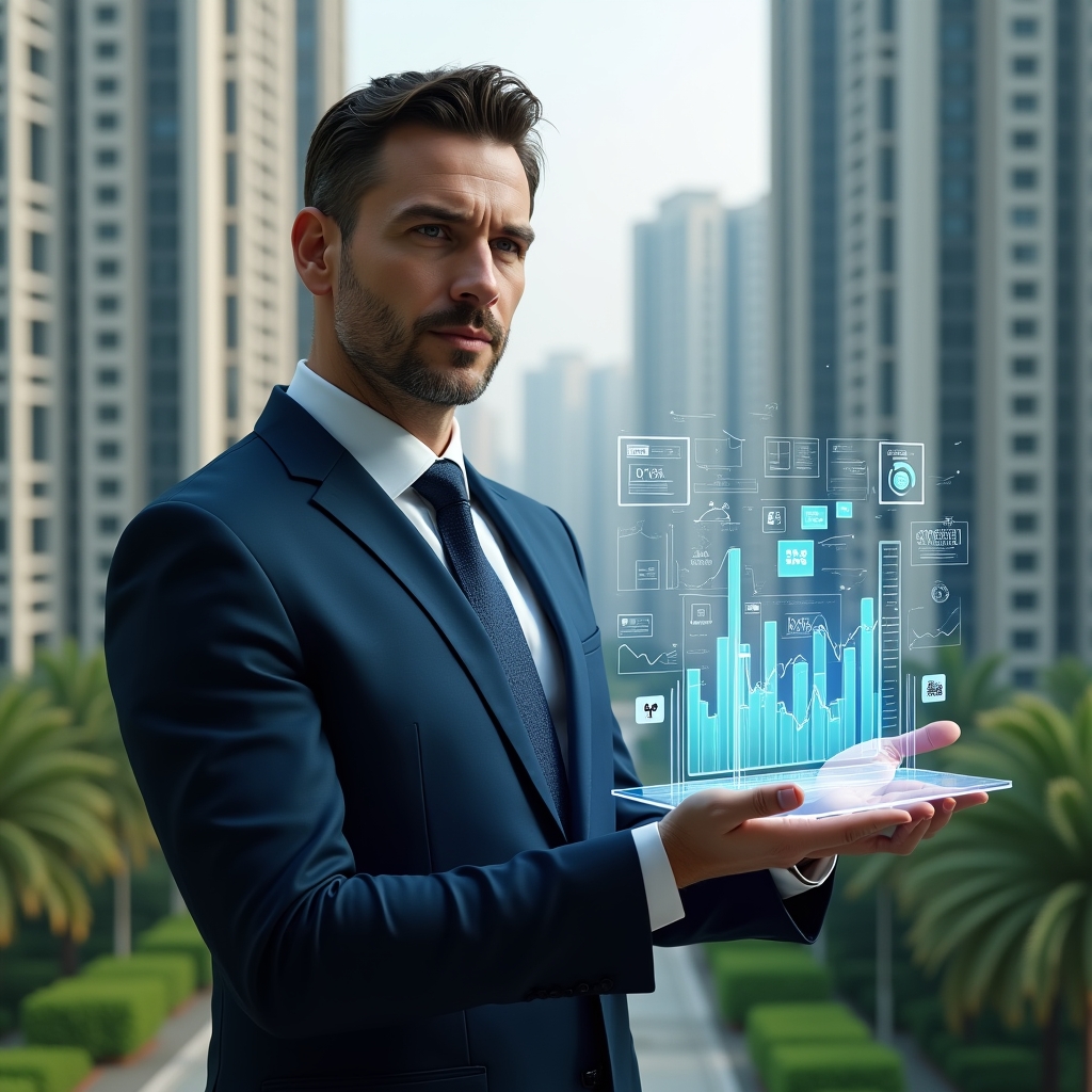 Ultra-realistic condominium manager in a navy executive suit, set in a modern luxury condominium environment with high-rise buildings and meticulously landscaped greenery, holding a translucent holographic financial dashboard displaying charts and floating currency icons, analyzing data with a confident expression, cinematic lighting, shallow depth of field, highly detailed textures, realistic skin, photographic realism, 8k resolution --ar 1:1 --v 6