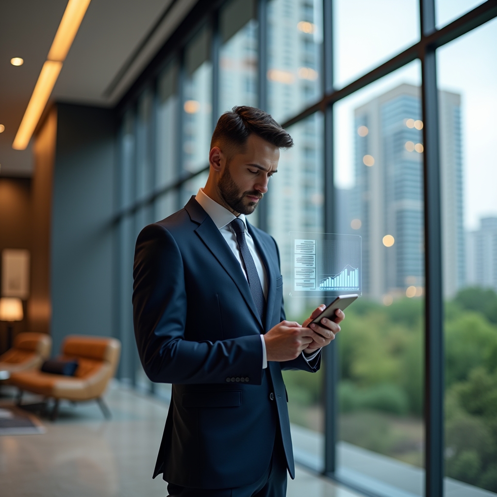 (Ultra-realistic condominium manager in a sharp navy suit, standing in a sleek modern luxury condominium lobby with high-rise buildings and meticulously manicured greenery visible through floor-to-ceiling windows, confidently reviewing documents on a tablet that projects a holographic financial checklist and bar charts, thoughtful expression, cinematic lighting, shallow depth of field, highly detailed textures, realistic skin, photographic realism, 8k resolution --ar 1:1 --v 6)