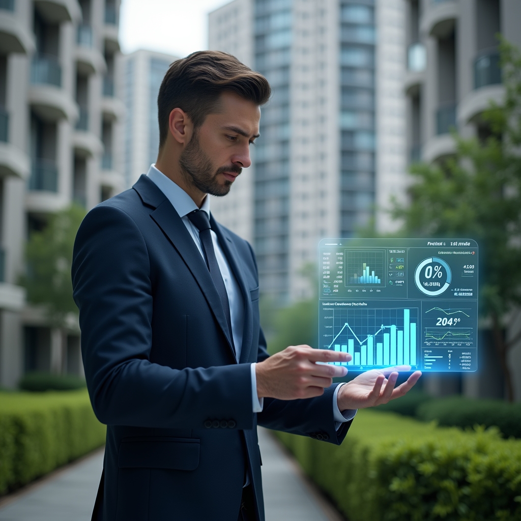 Ultra-realistic condominium manager in a tailored navy suit, set in a modern luxury condominium environment with high-rise buildings and manicured green landscaping, analyzing a floating holographic financial dashboard displaying charts, percentages and performance indicators, confident and focused expression, cinematic lighting, shallow depth of field, highly detailed textures, realistic skin, photographic realism, 8k resolution --ar 1:1 --v 6