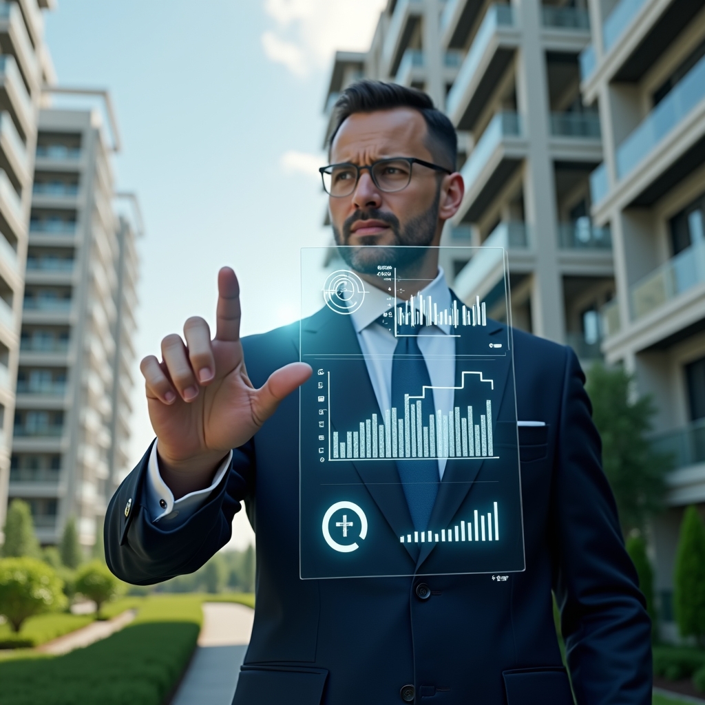 (Ultra-realistic condominium manager in a tailored navy suit, set in a modern luxury condominium environment with high-rise buildings and lush green landscaping, interacting with floating holographic charts and dynamic report icons that represent intelligent automation, confidently tapping a transparent touchscreen display, cinematic lighting, shallow depth of field, highly detailed textures, realistic skin, photographic realism, 8k resolution --ar 1:1 --v 6)