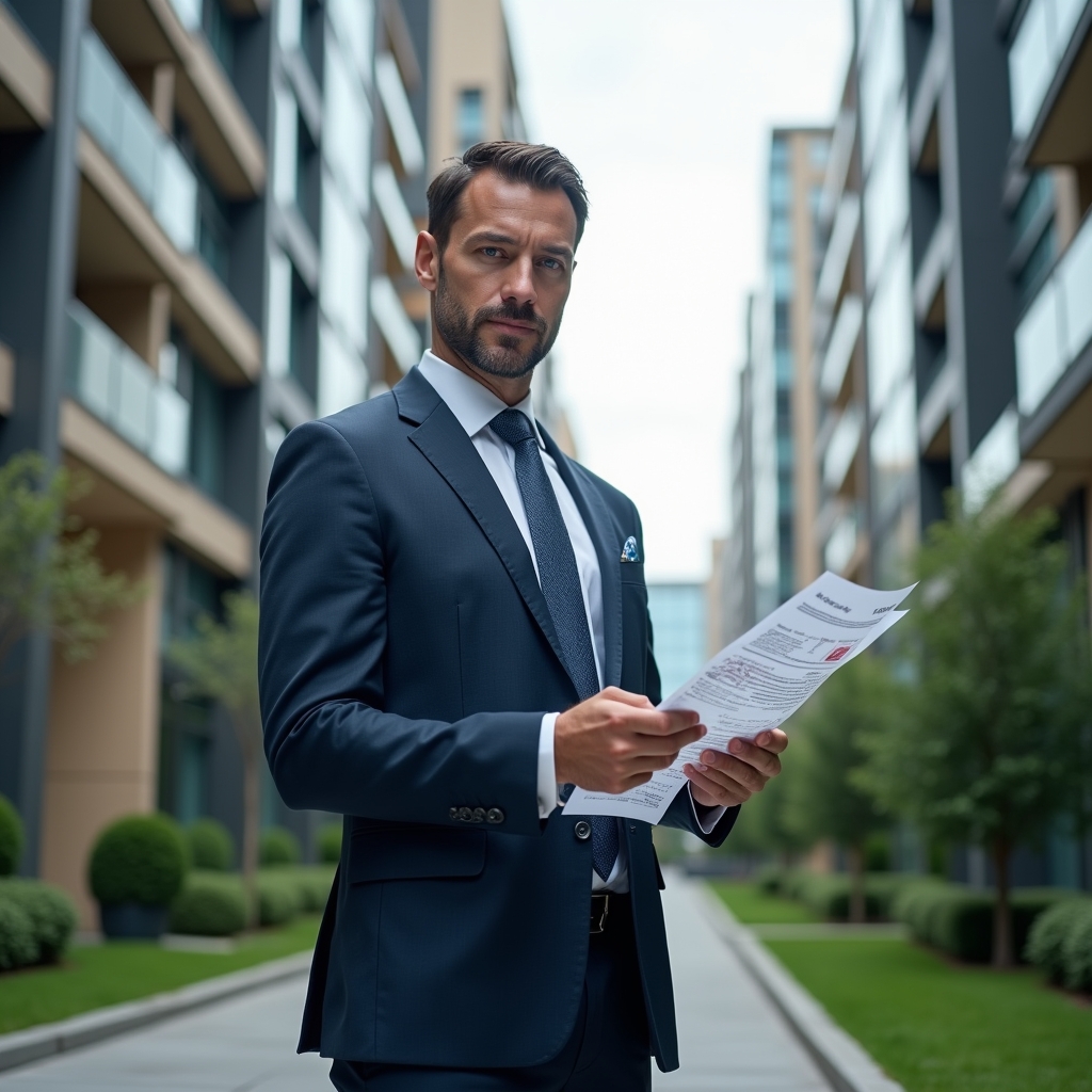 Ultra-realistic condominium manager in a tailored navy suit, set in a modern luxury condominium environment with high-rise buildings and manicured green landscaping, examining floating holographic financial reports and transparent ledgers, confident and focused expression, cinematic lighting, shallow depth of field, highly detailed textures, realistic skin, photographic realism, 8k resolution --ar 1:1 --v 6