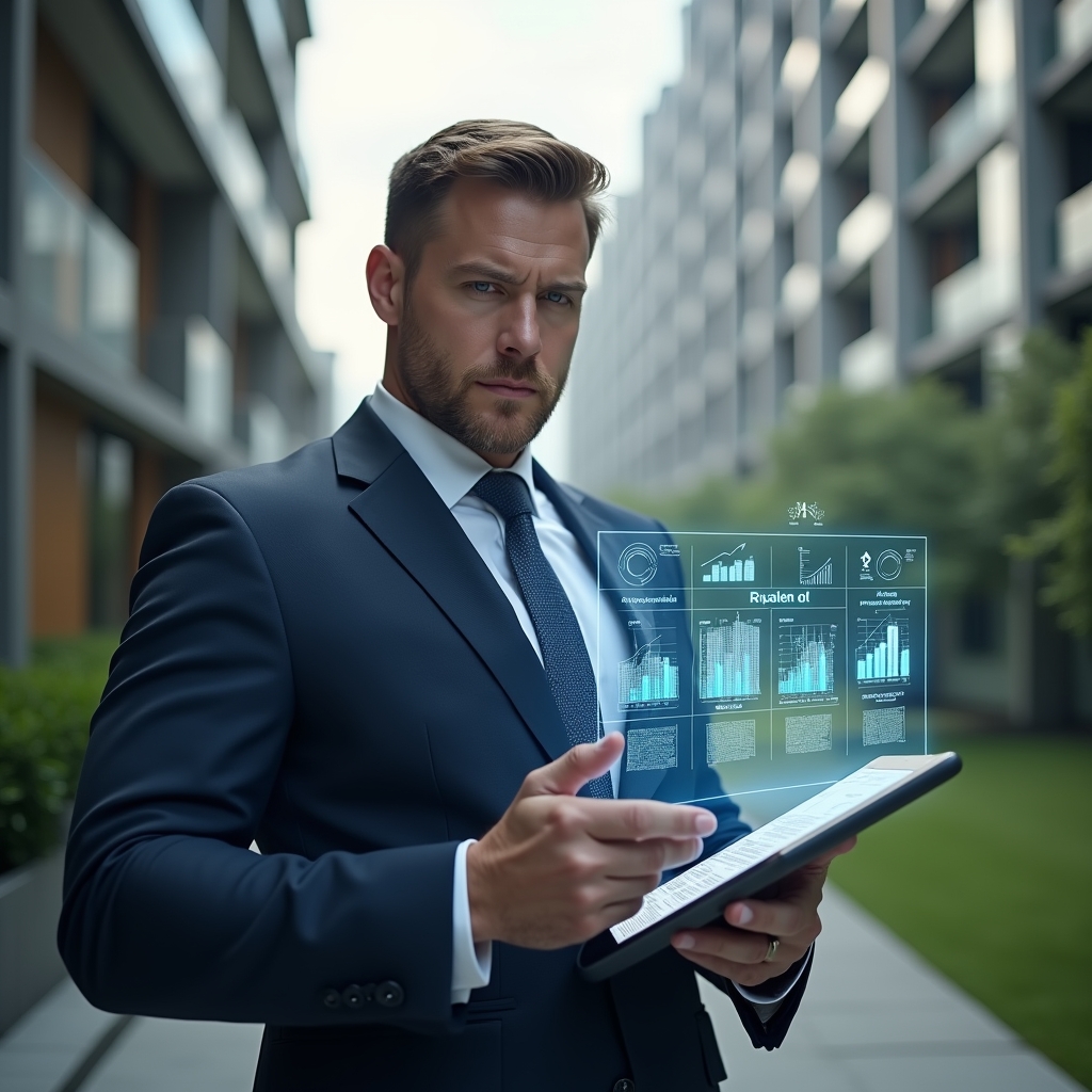 (Ultra-realistic condominium manager in a navy blue tailored suit, set in a modern luxury condominium environment with high-rise buildings and lush green landscaping, medium shot, holding a digital tablet displaying a holographic budget breakdown, floating financial charts and icons symbolizing extraordinary expenses, confident and analytical expression, cinematic lighting, shallow depth of field, highly detailed textures, realistic skin, photographic realism, 8k resolution --ar 1:1 --v 6)