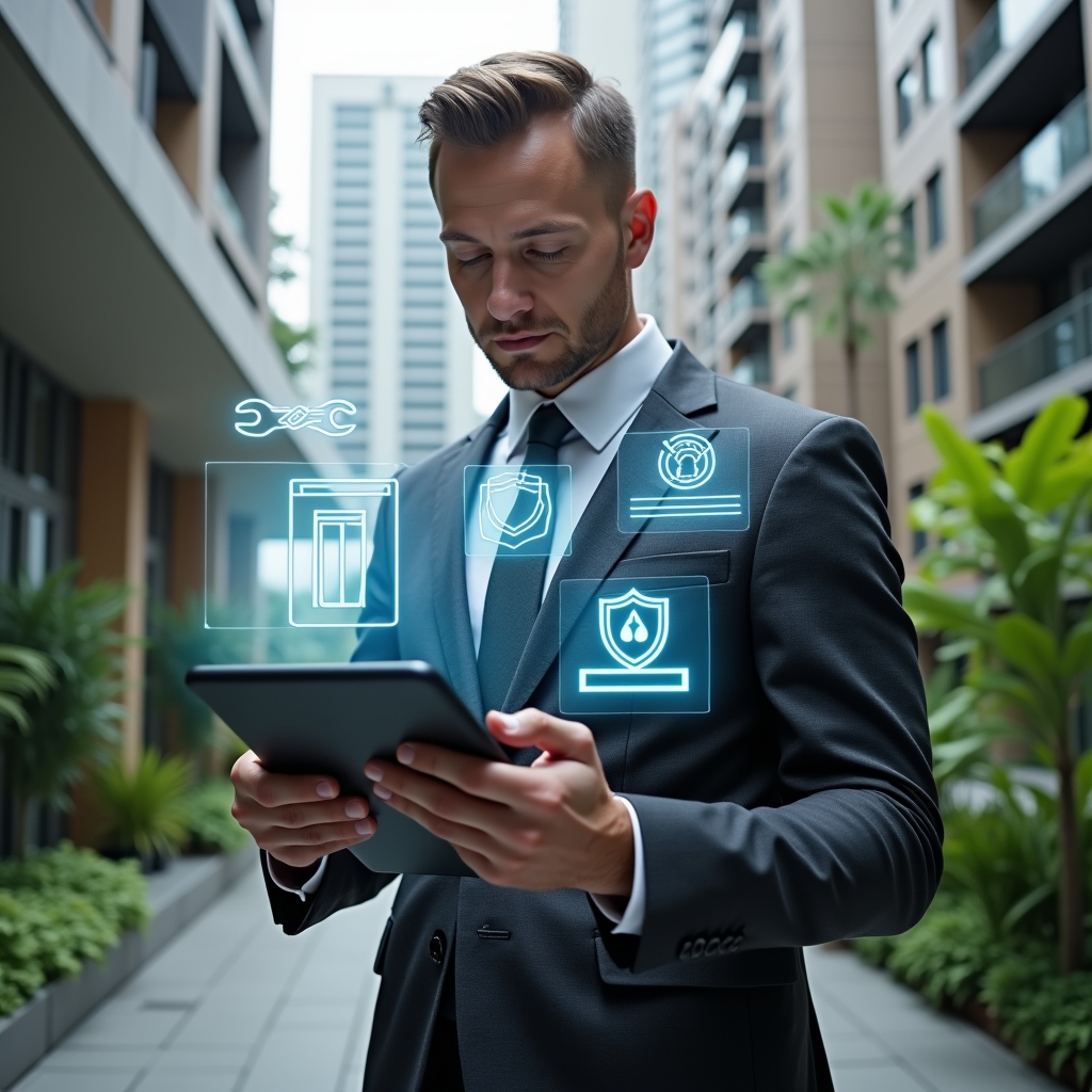(Ultra-realistic condominium manager in a dark gray tailored suit, set in a modern luxury condominium environment with high-rise buildings and lush green landscaping, reviewing digital blueprints on a tablet with floating holographic maintenance icons (elevator, water droplet, wrench and security shield), confident and focused expression, cinematic lighting, shallow depth of field, highly detailed textures, realistic skin, photographic realism, 8k resolution --ar 1:1 --v 6)