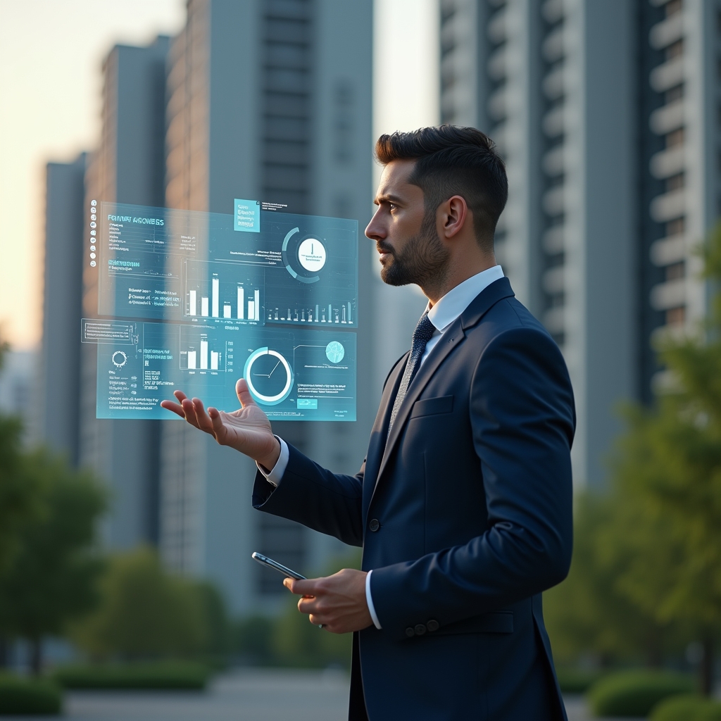 (Ultra-realistic condominium manager in a tailored navy suit, set in a modern luxury condominium environment with high-rise buildings and lush green landscaping, interacting with a holographic financial dashboard displaying charts and graphs, confident and focused expression, floating icons of invoices and pie charts symbolizing digital accounting, cinematic lighting, shallow depth of field, highly detailed textures, realistic skin, photographic realism, 8k resolution --ar 1:1 --v 6)