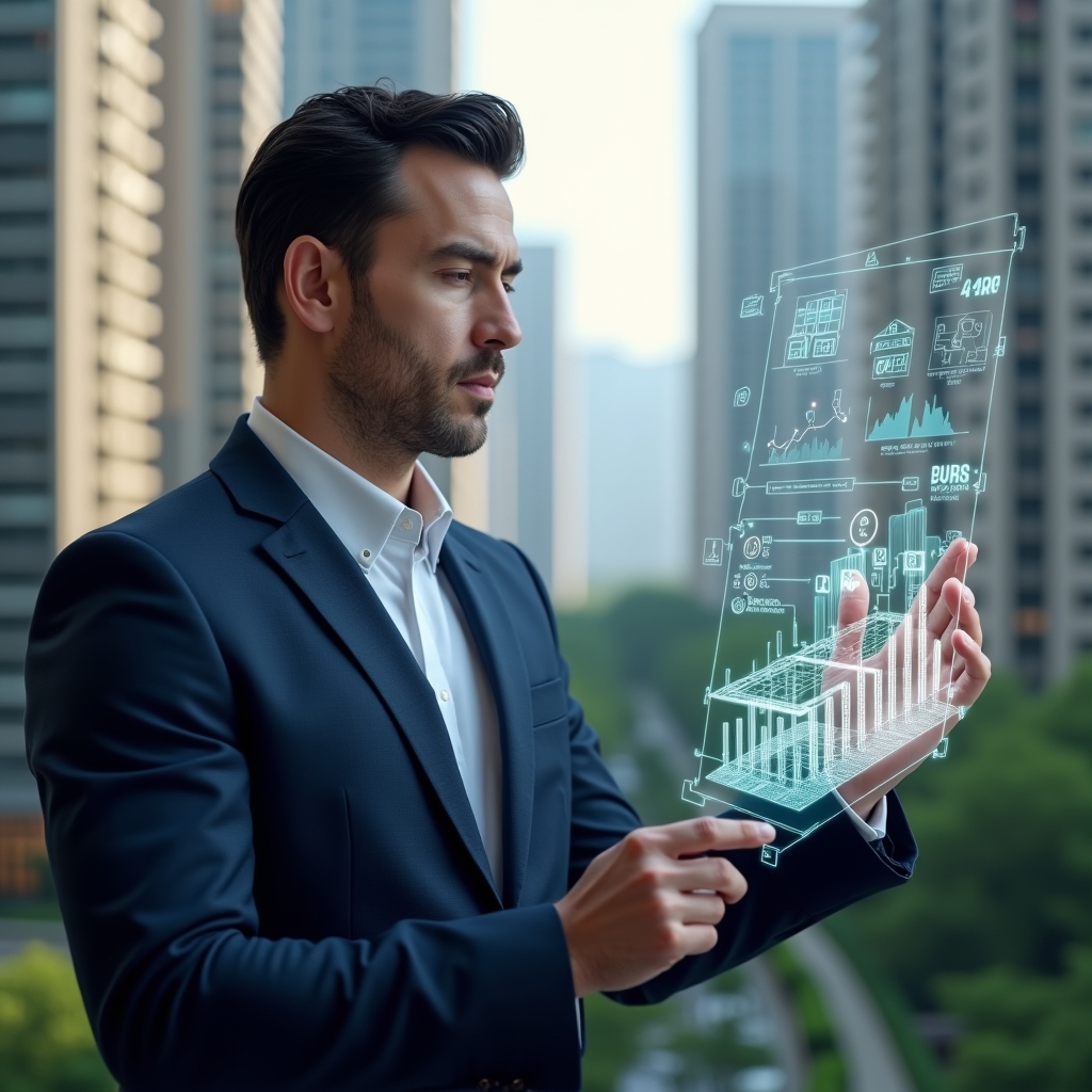 (Ultra-realistic professional condominium manager in a tailored navy suit, set in a modern luxury condominium environment with high-rise buildings and manicured green landscaping, analyzing a transparent holographic interface displaying app icons, building blueprints and data charts, thoughtful and confident expression, medium close-up with shallow depth of field, cinematic lighting, highly detailed textures, realistic skin, photographic realism, 8k resolution --ar 1:1 --v 6)