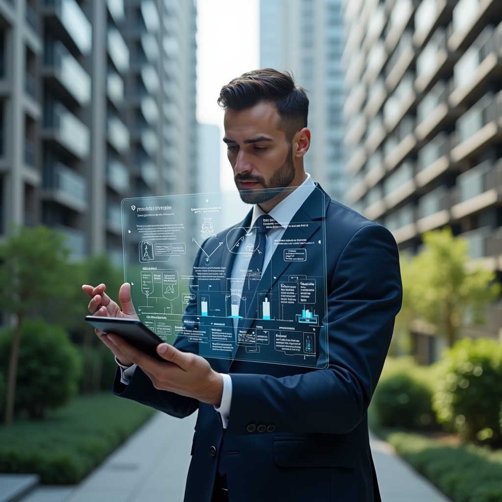 (Ultra-realistic condominium manager in a navy executive suit, set in a modern luxury condominium environment with high-rise buildings and meticulously landscaped greenery, examining a holographic tablet display full of warning icons and workflow charts with a thoughtful expression, floating error symbols and digital interface elements symbolizing common implementation mistakes, cinematic lighting, shallow depth of field, highly detailed textures, realistic skin, photographic realism, 8k resolution --ar 1:1 --v 6)