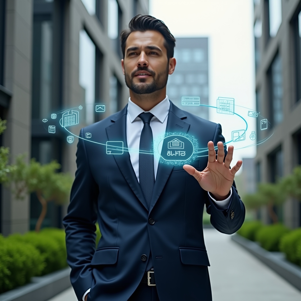 (Ultra-realistic condominium manager in a navy tailored suit, set in a modern luxury condominium environment with high-rise buildings and manicured green landscaping, interacting confidently with a floating holographic interface displaying app icons for finance, messaging, reservations, maintenance, security, voting, and analytics, subtle digital HUD elements orbiting around, cinematic lighting, shallow depth of field, highly detailed textures, realistic skin, photographic realism, 8k resolution --ar 1:1 --v 6)