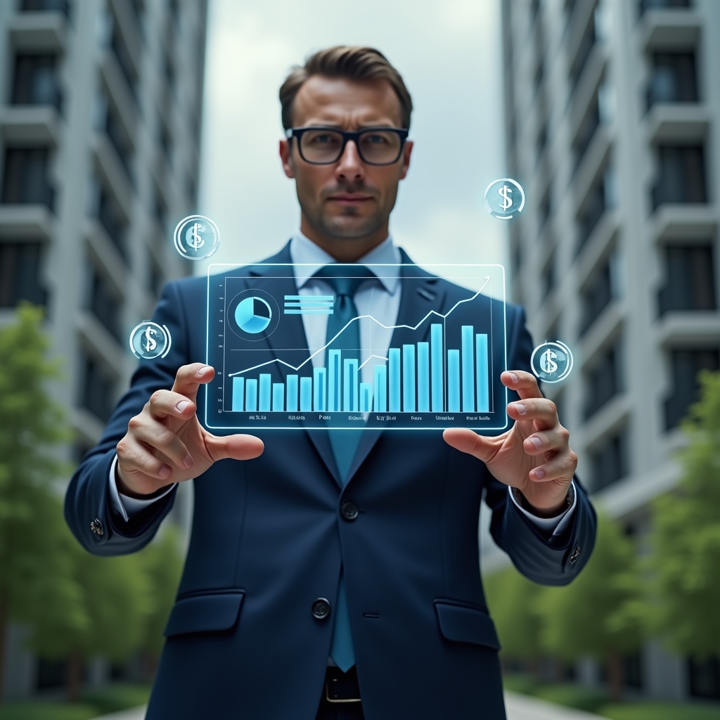 (Ultra-realistic condominium manager in a navy suit, set in a modern luxury condominium environment with high-rise buildings and green landscaping, mid-shot holding a transparent holographic financial dashboard displaying bar charts and pie graphs, holographic icons of currency and percentage symbols floating around, confident and focused expression, cinematic lighting, shallow depth of field, highly detailed textures, realistic skin, photographic realism, 8k resolution --ar 1:1 --v 6)