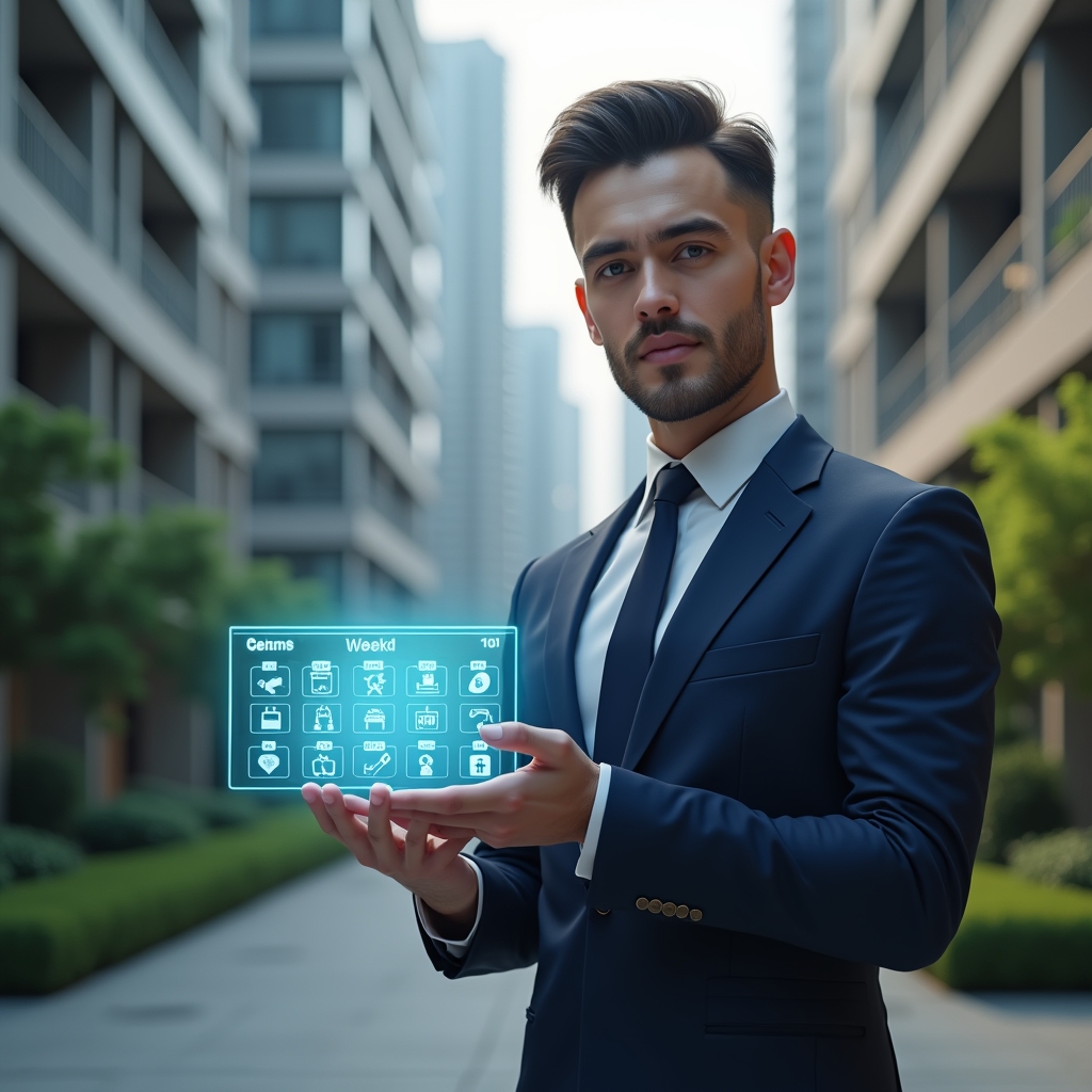 (Ultra-realistic condominium manager in a navy executive suit, set in a modern luxury condominium environment with high-rise buildings and meticulously landscaped greenery, mid-shot focusing on a confident professional holding a glowing holographic weekly schedule displaying icons for cleaning, security, and maintenance, cinematic lighting, shallow depth of field, highly detailed textures, realistic skin, photographic realism, 8k resolution --ar 1:1 --v 6)