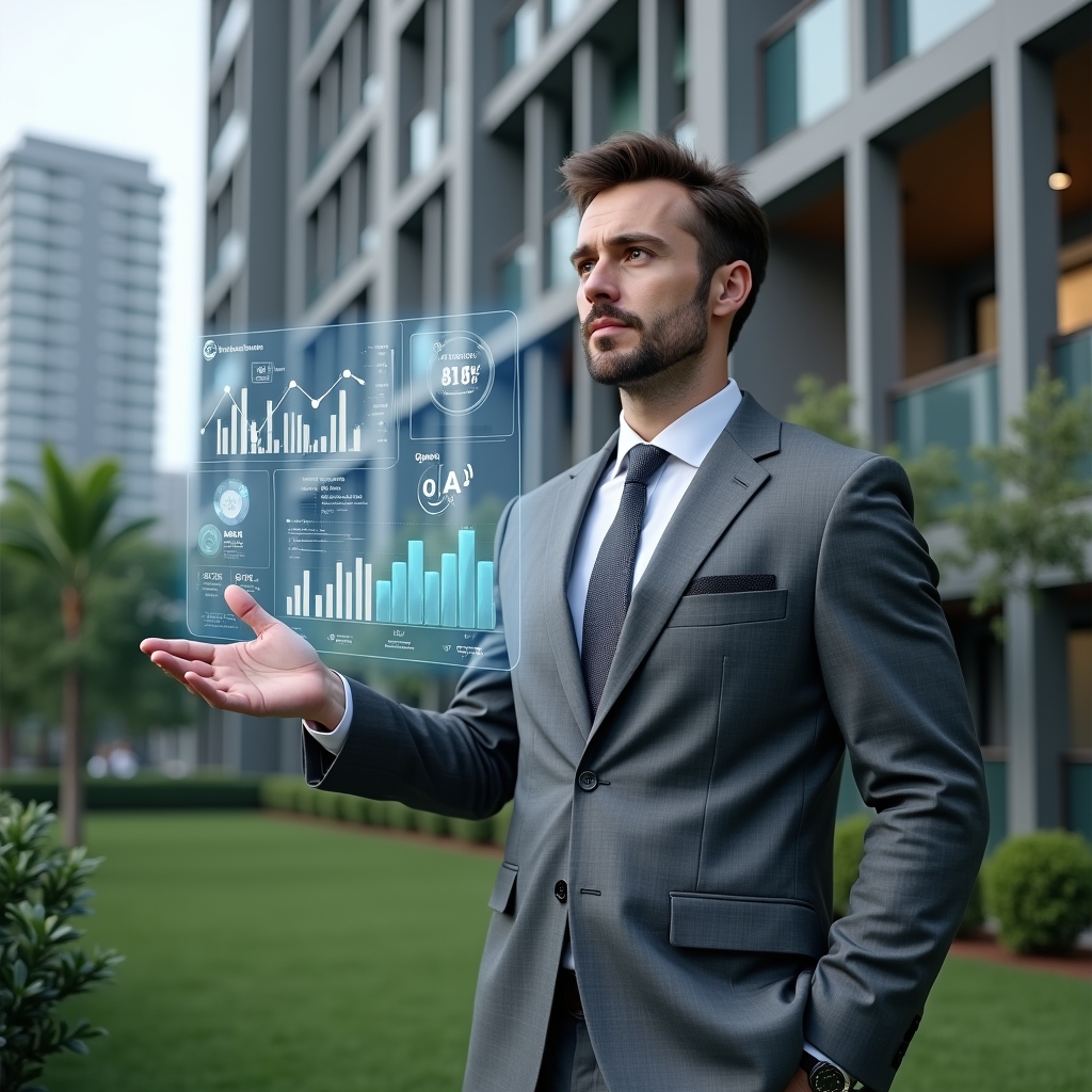 Ultra-realistic condominium manager in a tailored gray suit, set in a modern luxury condominium environment with high-rise buildings and manicured greenery, interacting with a floating holographic dashboard of building analytics, confident and focused expression, digital icons and transparent data graphs surrounding them, cinematic lighting, shallow depth of field, highly detailed textures, realistic skin, photographic realism, 8k resolution --ar 1:1 --v 6