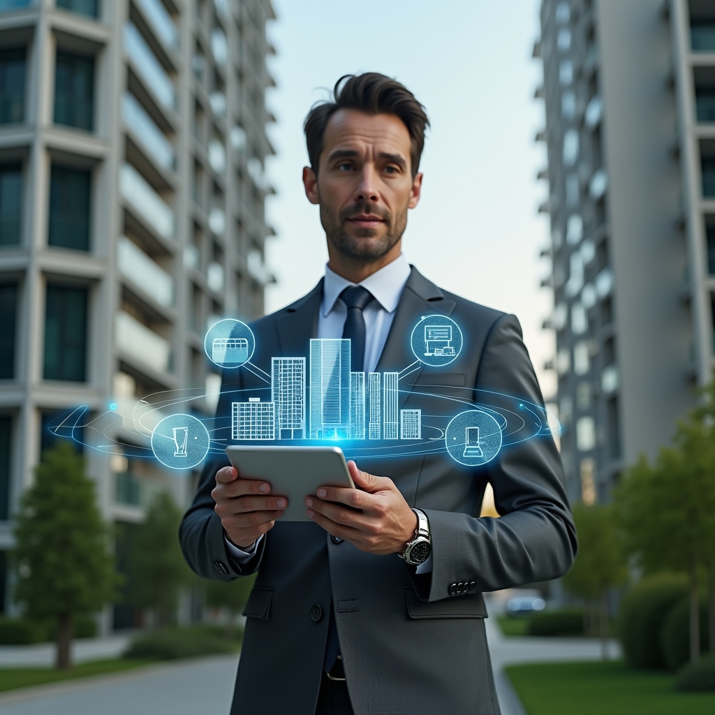 (Ultra-realistic condominium manager in a charcoal gray suit, set in a modern luxury condominium environment with high-rise glass buildings and manicured green landscaping, mid-shot holding a tablet and interacting with floating holographic icons of buildings, payment reminders and reservation calendars, confident and focused expression, cinematic lighting, shallow depth of field, highly detailed textures, realistic skin, photographic realism, 8k resolution --ar 1:1 --v 6)