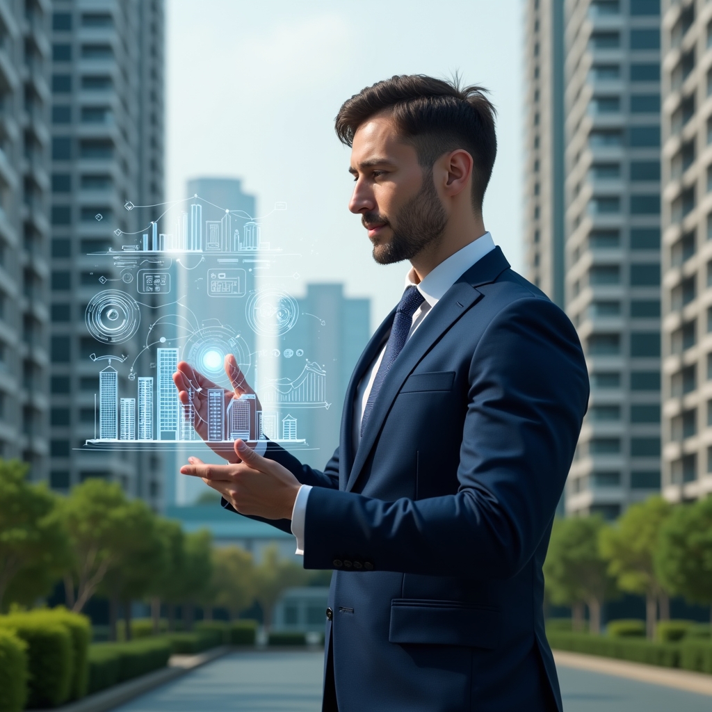 Ultra-realistic property manager in a navy blue suit, set in a modern luxury condominium environment with high-rise buildings and green landscaping, interacting with a floating holographic interface of charts and building icons, confidently reviewing digital dashboards that symbolize streamlined processes and fast decision-making, cinematic lighting, shallow depth of field, highly detailed textures, realistic skin, photographic realism, 8k resolution --ar 1:1 --v 6