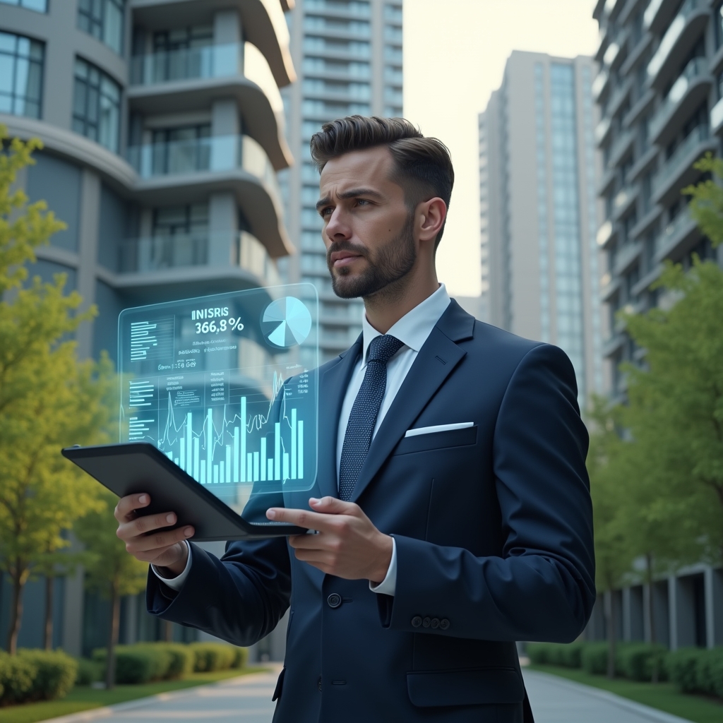 Ultra-realistic condominium manager in a tailored navy suit, set in a modern luxury condominium environment with high-rise buildings and lush green landscaping, confidently presenting holographic financial charts and graphs in mid-assembly, holding a digital tablet displaying clear expense and revenue reports, cinematic lighting, shallow depth of field, highly detailed textures, realistic skin, photographic realism, 8k resolution --ar 1:1 --v 6