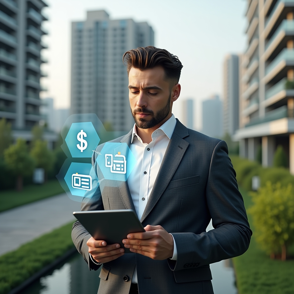(Ultra-realistic property manager in a charcoal gray suit, set in a modern luxury condominium environment with high-rise buildings and meticulous green landscaping, holding a tablet and interacting with floating holographic icons of a dollar sign, calendar and chat bubble to symbolize finance optimization, booking management and resident communication, confident expression, cinematic lighting, shallow depth of field, highly detailed textures, realistic skin, photographic realism, 8k resolution --ar 1:1 --v 6)
