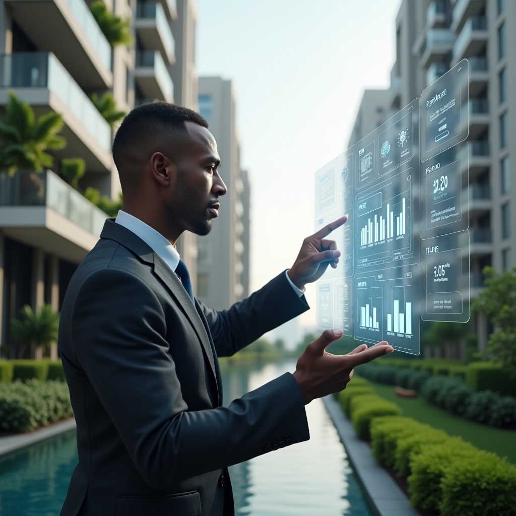 Ultra-realistic condominium manager in a charcoal gray suit, set in a modern luxury condominium environment with high-rise buildings and manicured green landscaping, interacting with floating holographic app icons and comparison charts, confidently pointing at a virtual platform dashboard, cinematic lighting, shallow depth of field, highly detailed textures, realistic skin, photographic realism, 8k resolution --ar 1:1 --v 6