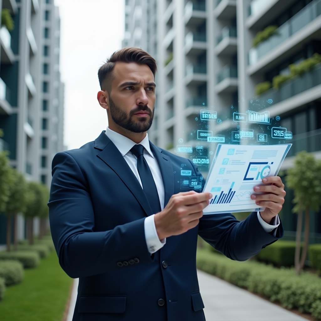 (Ultra-realistic condominium manager in a navy blue suit, set in a modern luxury condominium environment with high-rise buildings and manicured green landscaping, reviewing floating holographic financial reports and bar charts with a confident, focused expression, digital document icons glowing around them, cinematic lighting, shallow depth of field, highly detailed textures, realistic skin, photographic realism, 8k resolution --ar 1:1 --v 6)