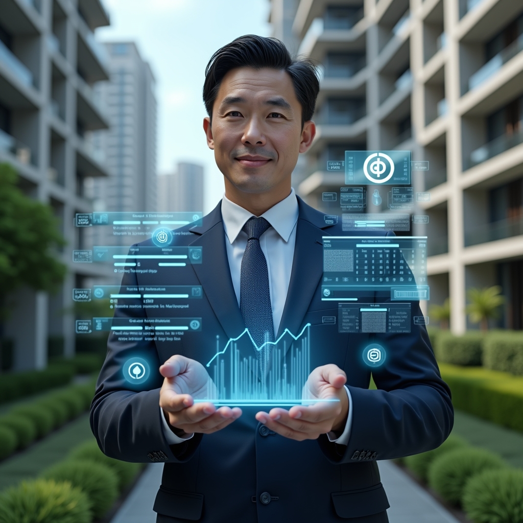 (Ultra-realistic condominium manager in a navy suit, set in a modern luxury condominium environment with high-rise buildings and manicured green landscaping, analyzing a floating holographic financial dashboard displaying charts and automated expense breakdowns, confident expression, futuristic holographic icons of coins and ledgers surrounding them, cinematic lighting, shallow depth of field, highly detailed textures, realistic skin, photographic realism, 8k resolution --ar 1:1 --v 6)