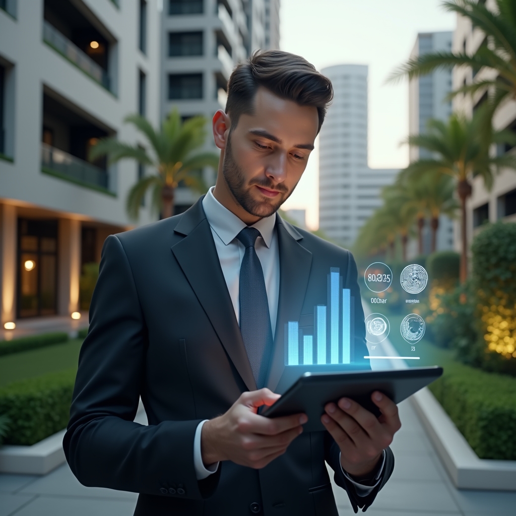 (Ultra-realistic condominium manager in a tailored dark suit, set in a modern luxury condominium environment with high-rise buildings and lush green landscaping, mid shot showing the manager holding a digital tablet with floating holographic budget charts and currency icons, confidently analyzing expenses, cinematic lighting, shallow depth of field, highly detailed textures, realistic skin, photographic realism, 8k resolution --ar 1:1 --v 6)