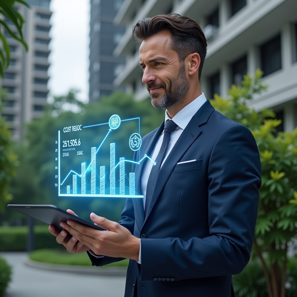 (Ultra-realistic condominium manager in a tailored navy-blue suit, set in a modern luxury condominium environment with high-rise buildings and lush green landscaping, reviewing a holographic financial chart showing cost-reduction graphs with a tablet in hand, confident and focused expression, floating cost-cutting icons and descending bar charts as thematic visual elements, cinematic lighting, shallow depth of field, highly detailed textures, realistic skin, photographic realism, 8k resolution --ar 1:1 --v 6)