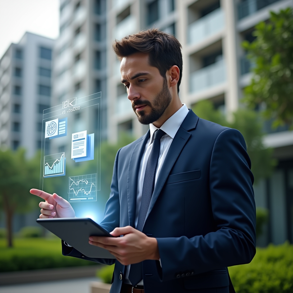 (Ultra-realistic condominium manager in a navy blue suit, set in a modern luxury condominium environment with high-rise buildings and meticulously landscaped greenery, holding a tablet while analyzing holographic financial charts and pointing at floating icons of receipts and balance sheets, focused and confident expression, cinematic lighting, shallow depth of field, highly detailed textures, realistic skin, photographic realism, 8k resolution --ar 1:1 --v 6)