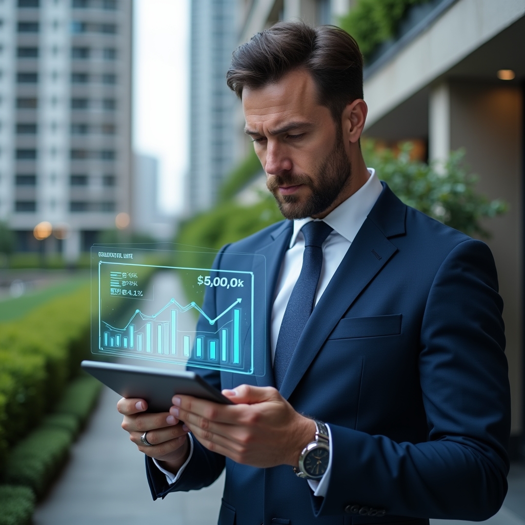 Ultra-realistic condominium property manager in a navy blue suit, set in a modern luxury condominium environment with high-rise buildings and manicured green landscaping, analyzing floating holographic financial charts on a tablet with cost-reduction icons and downward-arrow symbols, focused and confident expression, cinematic lighting, shallow depth of field, highly detailed textures, realistic skin, photographic realism, 8k resolution --ar 1:1 --v 6