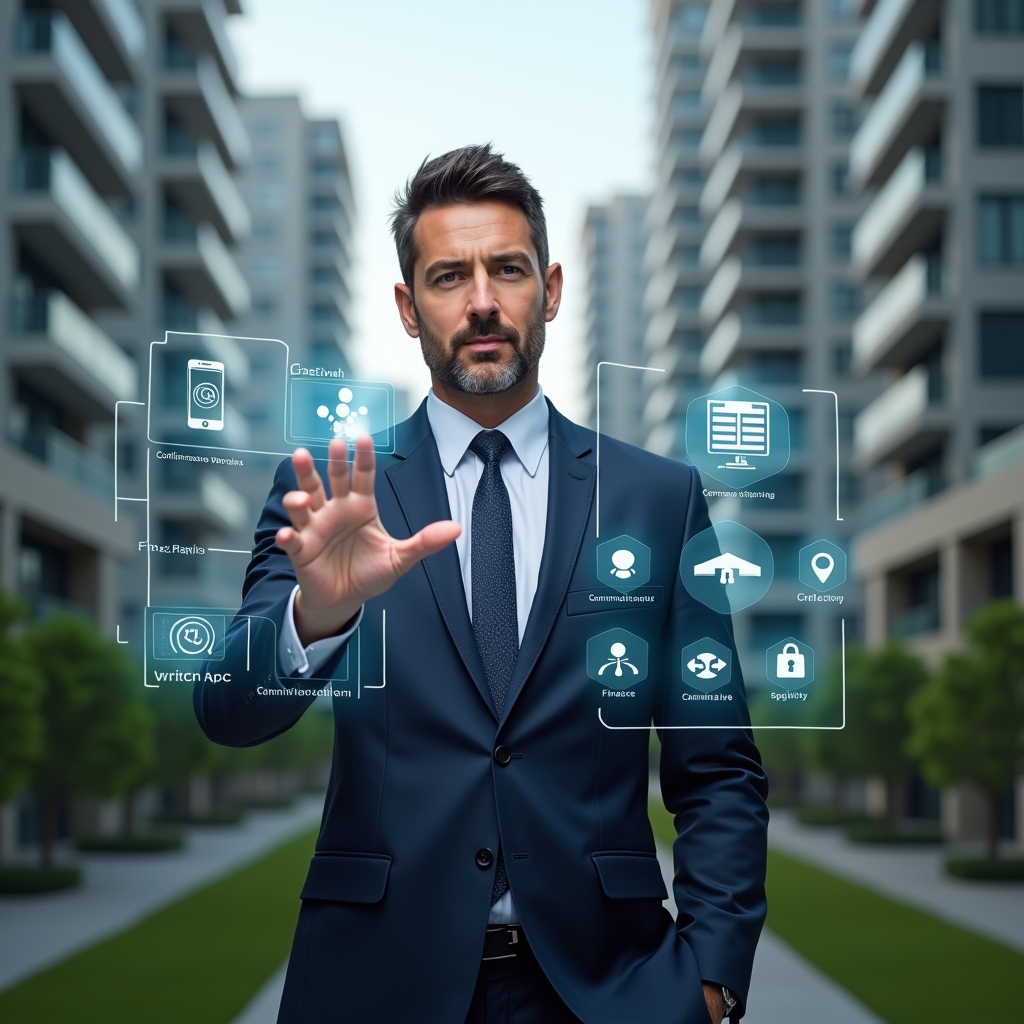 (Ultra-realistic condominium manager in a tailored navy suit, set in a modern luxury condominium environment with high-rise buildings and green landscaping, interacting with a holographic interface of app icons representing communication, finance and security, confident and focused expression, cinematic lighting, shallow depth of field, highly detailed textures, realistic skin, photographic realism, 8k resolution --ar 1:1 --v 6)