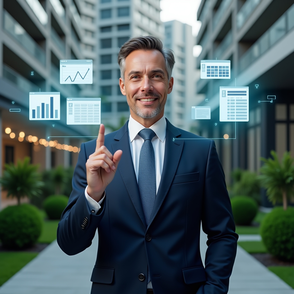 (Ultra-realistic condominium manager in a navy suit, set in a modern luxury condominium environment with high-rise buildings and manicured green landscaping, interacting with floating holographic icons of financial charts, messaging bubbles and reservation calendars, confident and focused expression, cinematic lighting, shallow depth of field, highly detailed textures, realistic skin, photographic realism, 8k resolution --ar 1:1 --v 6)